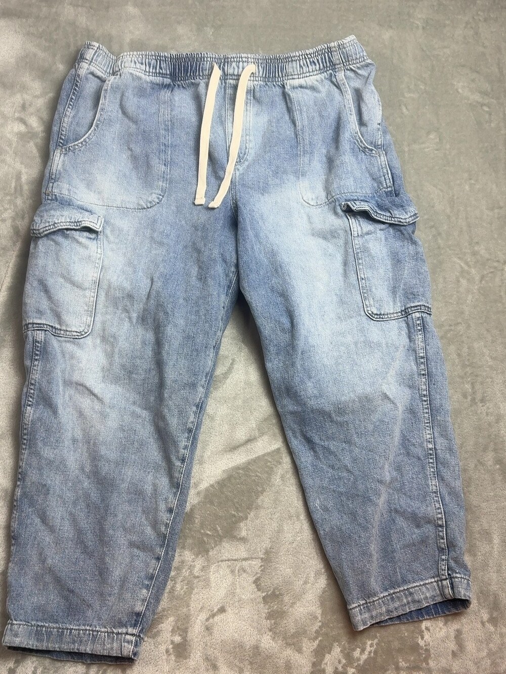 Gap Denim Easy Jean Cargo Pants Light Wash Elastic Waist Drawstring XL